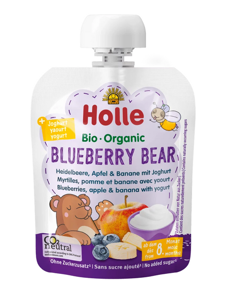 Mus w tubce miś jogurt borówki jabłko banan bez dodatku cukru od 8 msc. 85 g - Holle (EKO)